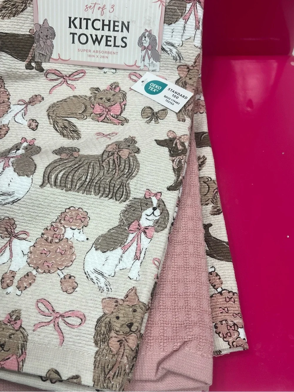 Envogue Pink & Cream Dog-Print Kitchen Towels - Set of 3